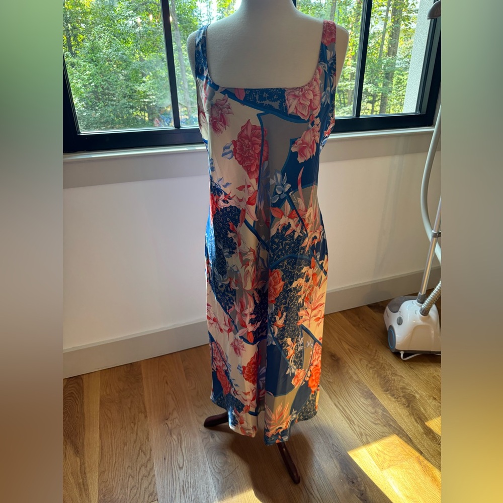 Natori Floral Satin Midi length Nightgown - Blue and Pink - L